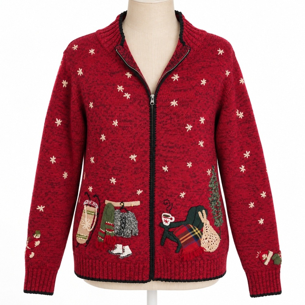 Vintage 90s Winter Embroidered Ski Zip Sweater Size M Red Cottagecore Christmas